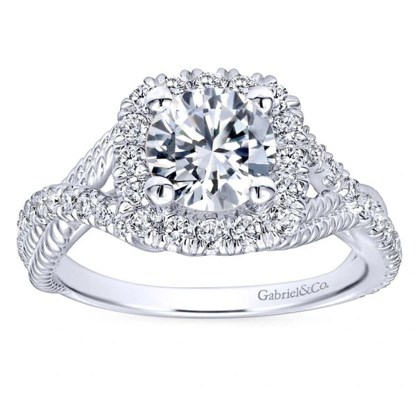 14K White Gold Cushion Halo Round Diamond Engagement Ring