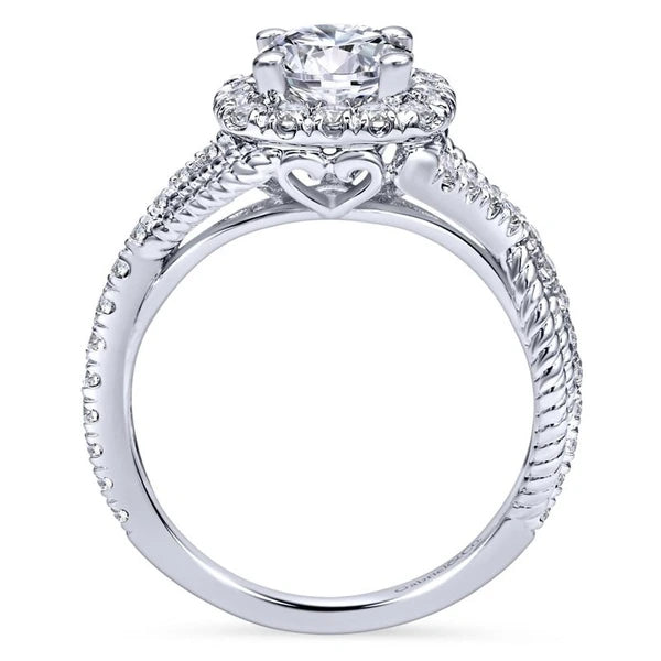 14K White Gold Cushion Halo Round Diamond Engagement Ring