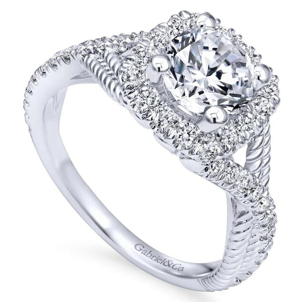 14K White Gold Cushion Halo Round Diamond Engagement Ring