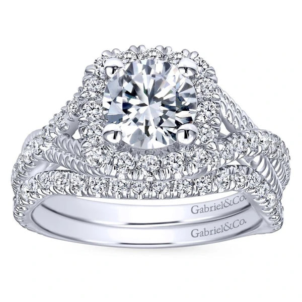 14K White Gold Cushion Halo Round Diamond Engagement Ring