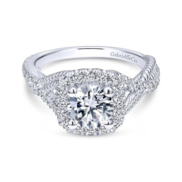 14K White Gold Cushion Halo Round Diamond Engagement Ring