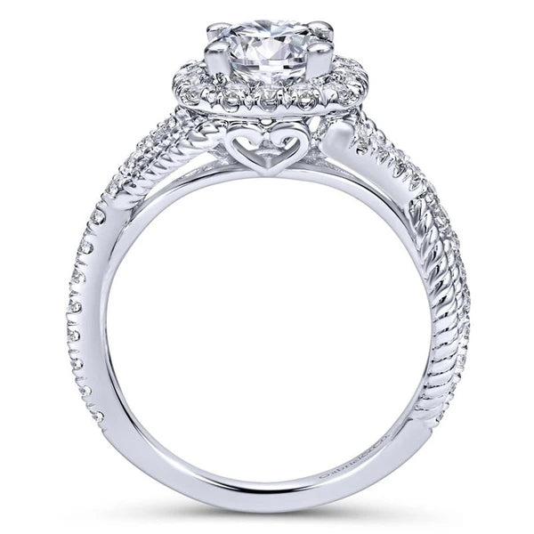 14K White Gold Cushion Halo Round Diamond Engagement Ring
