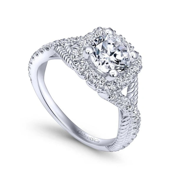 14K White Gold Cushion Halo Round Diamond Engagement Ring