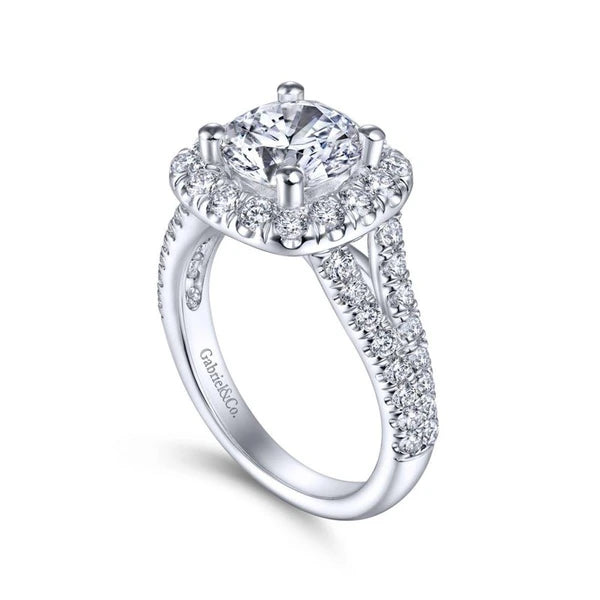 14K White Gold Cushion Halo Round Diamond Engagement Ring