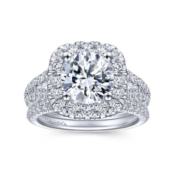14K White Gold Cushion Halo Round Diamond Engagement Ring