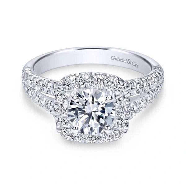 14K White Gold Cushion Halo Round Diamond Engagement Ring