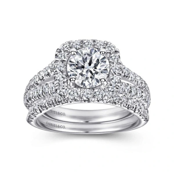 14K White Gold Cushion Halo Round Diamond Engagement Ring