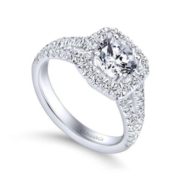 14K White Gold Cushion Halo Round Diamond Engagement Ring