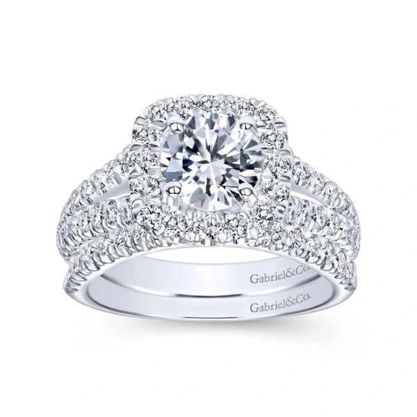 14K White Gold Cushion Halo Round Diamond Engagement Ring