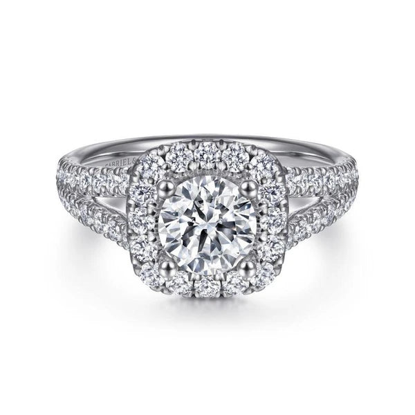 14K White Gold Cushion Halo Round Diamond Engagement Ring
