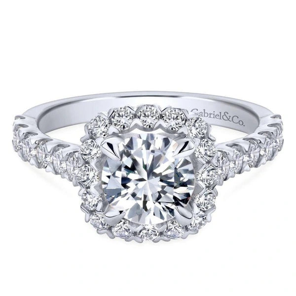 14K White Gold Cushion Halo Round Diamond Engagement Ring