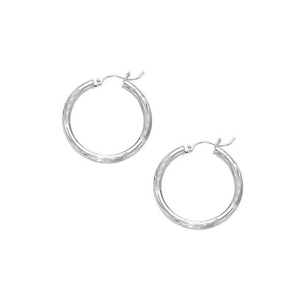 14K White Gold 3mm Diamond Cut &amp; Polished Design Hoop Earring