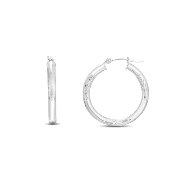 14K White Gold 3mm Diamond Cut &amp; Polished Design Hoop Earring
