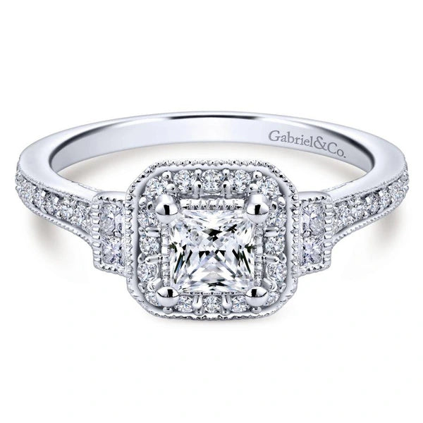 Vintage 14K White Gold Princess Halo Diamond Engagement Ring