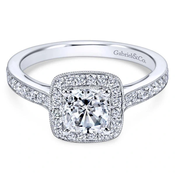 Vintage 14K White Gold Cushion Halo Diamond Engagement Ring