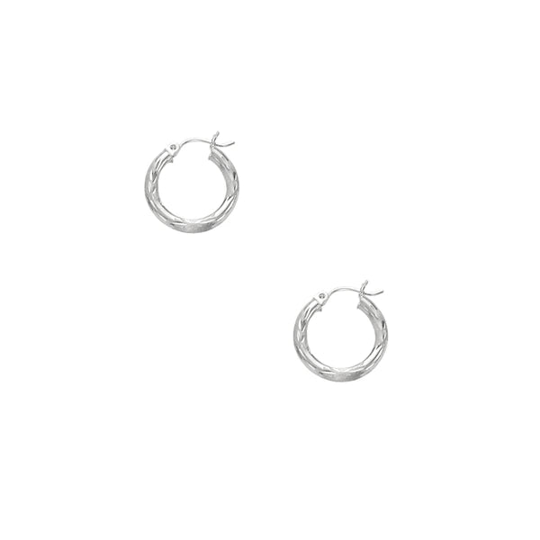 14K White Gold 3mm Diamond Cut &amp; Polished Design Hoop Earring