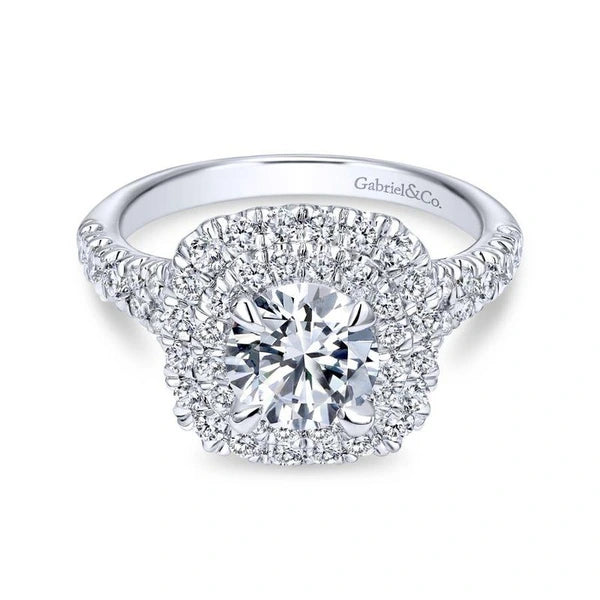 14k White Gold Cushion Double Halo Round Diamond Engagement Ring