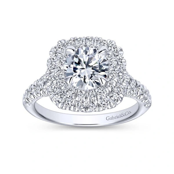 14k White Gold Cushion Double Halo Round Diamond Engagement Ring