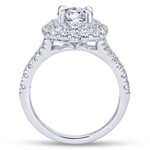 14k White Gold Cushion Double Halo Round Diamond Engagement Ring
