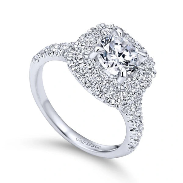 14k White Gold Cushion Double Halo Round Diamond Engagement Ring