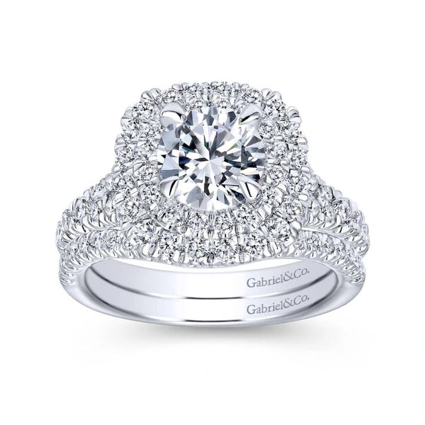 14k White Gold Cushion Double Halo Round Diamond Engagement Ring