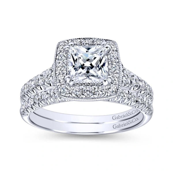 Vintage 14K White Gold Princess Halo Diamond Engagement Ring
