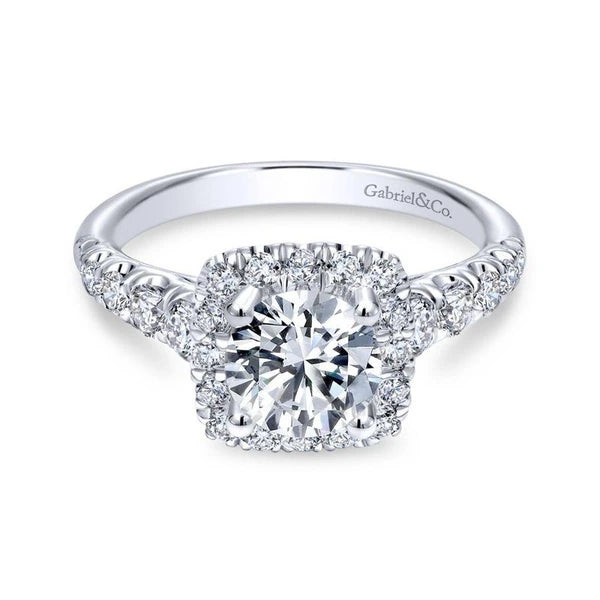 14K White Gold Cushion Halo Round Diamond Engagement Ring