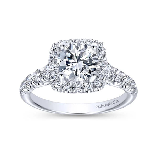 14K White Gold Cushion Halo Round Diamond Engagement Ring