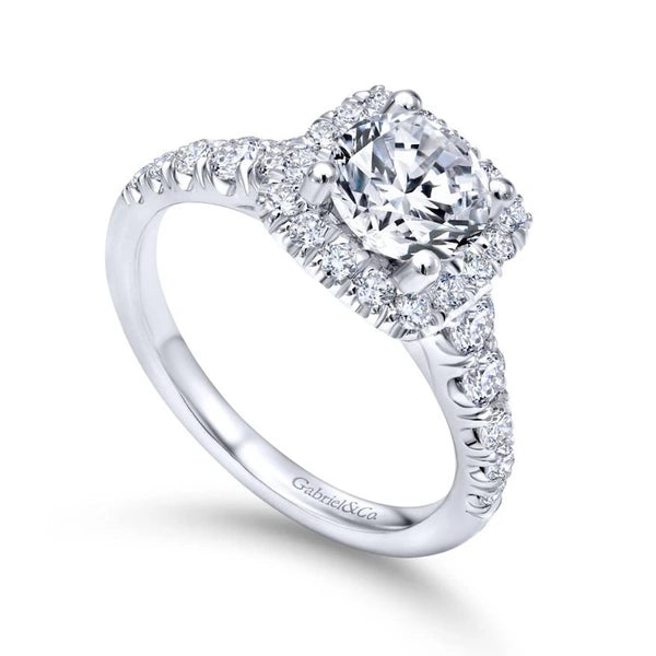 14K White Gold Cushion Halo Round Diamond Engagement Ring