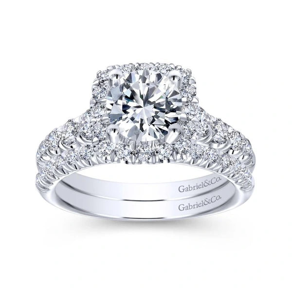 14K White Gold Cushion Halo Round Diamond Engagement Ring