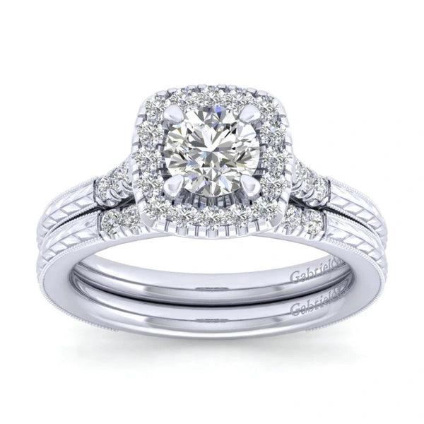 Vintage 14K White Gold Round Halo Diamond Engagement Ring