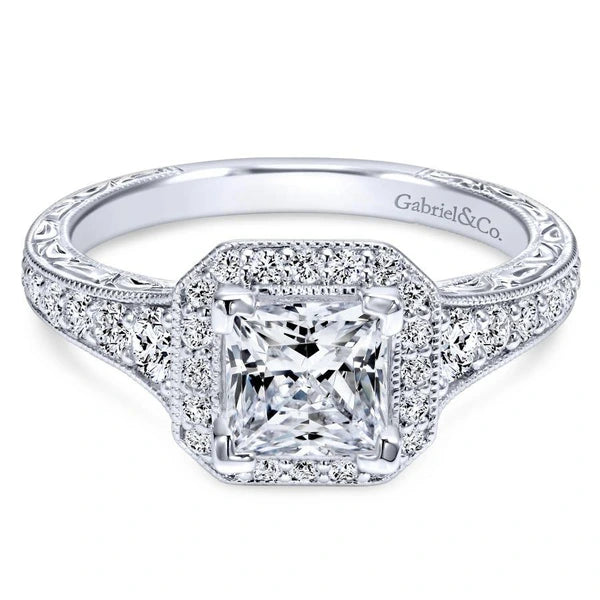 Vintage 14K White Gold Princess Halo Diamond Engagement Ring
