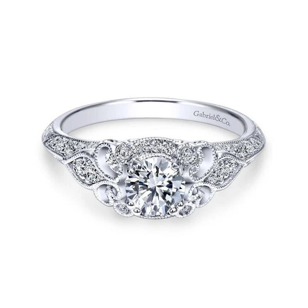 Unique 14K White Gold Vintage Inspired Diamond Halo Engagement Ring