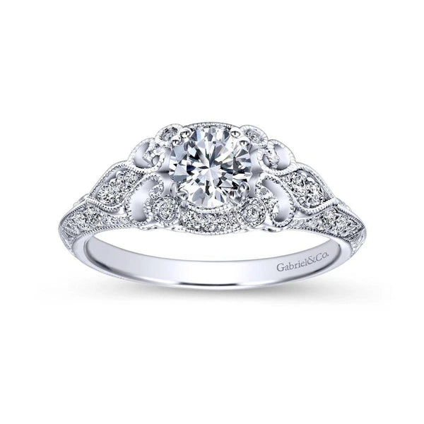 Unique 14K White Gold Vintage Inspired Diamond Halo Engagement Ring