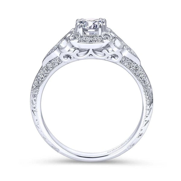 Unique 14K White Gold Vintage Inspired Diamond Halo Engagement Ring