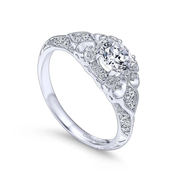Unique 14K White Gold Vintage Inspired Diamond Halo Engagement Ring