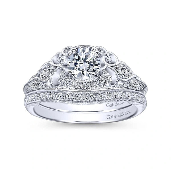 Unique 14K White Gold Vintage Inspired Diamond Halo Engagement Ring