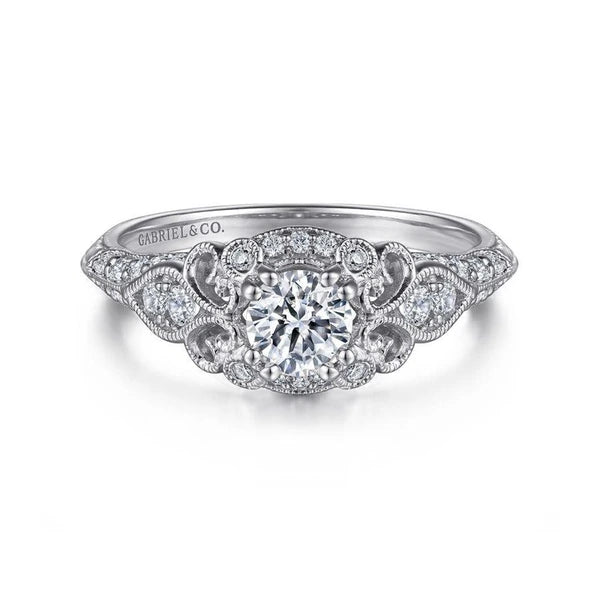Unique 14K White Gold Vintage Inspired Diamond Halo Engagement Ring
