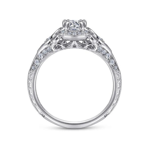Unique 14K White Gold Vintage Inspired Diamond Halo Engagement Ring