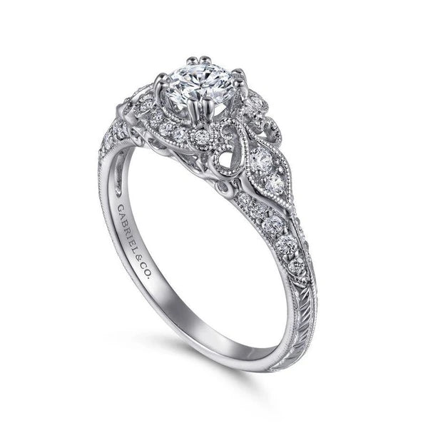 Unique 14K White Gold Vintage Inspired Diamond Halo Engagement Ring