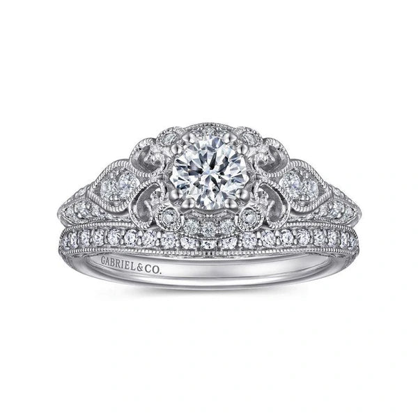 Unique 14K White Gold Vintage Inspired Diamond Halo Engagement Ring