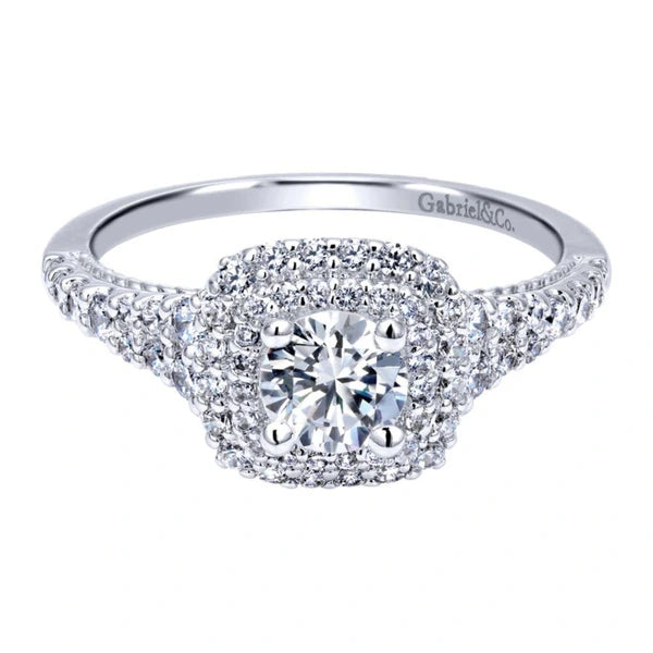 14K White Gold Round Double Halo Diamond Engagement Ring