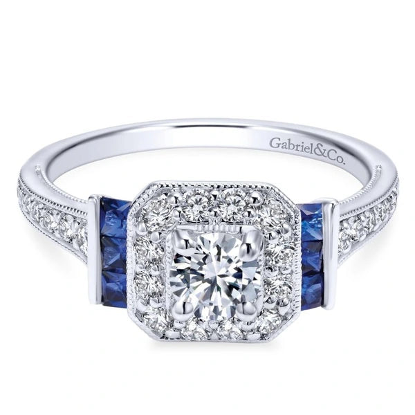 Vintage 14K White Gold Round Halo Sapphire and Diamond Engagement Ring