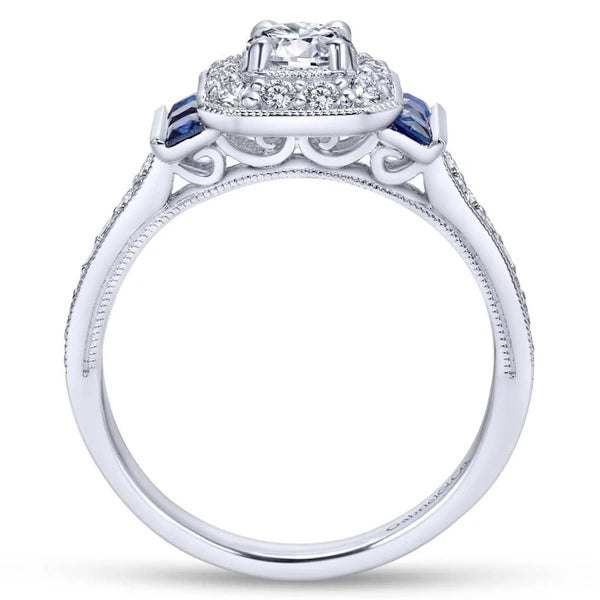 Vintage 14K White Gold Round Halo Sapphire and Diamond Engagement Ring