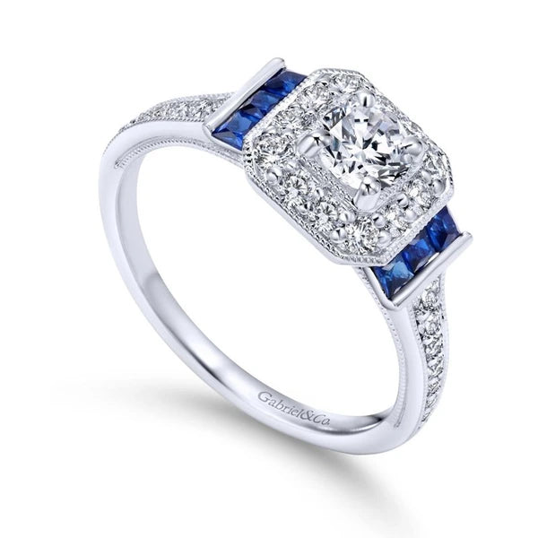 Vintage 14K White Gold Round Halo Sapphire and Diamond Engagement Ring