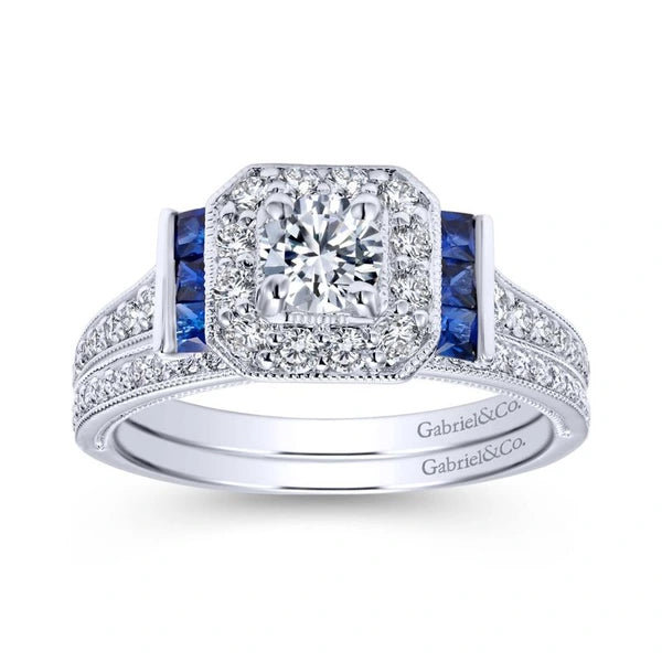 Vintage 14K White Gold Round Halo Sapphire and Diamond Engagement Ring