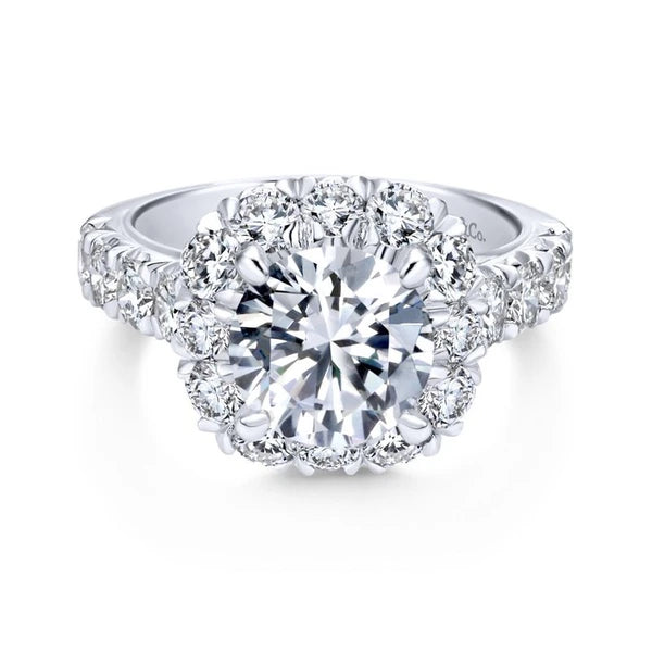 14K White Gold Cushion Halo Round Diamond Engagement Ring