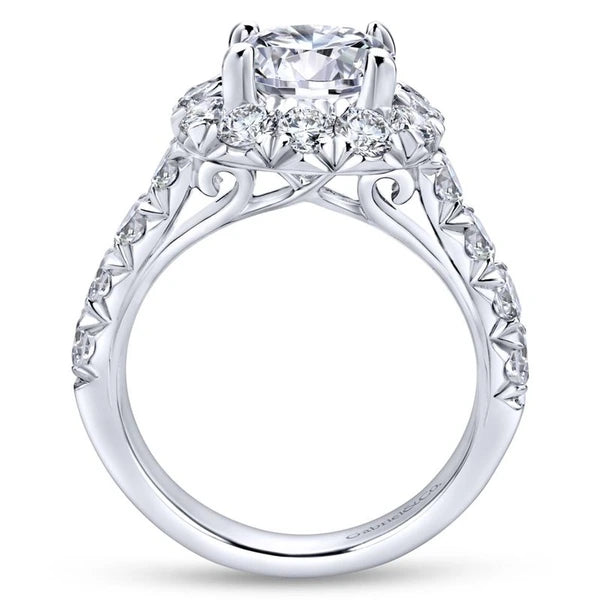 14K White Gold Cushion Halo Round Diamond Engagement Ring