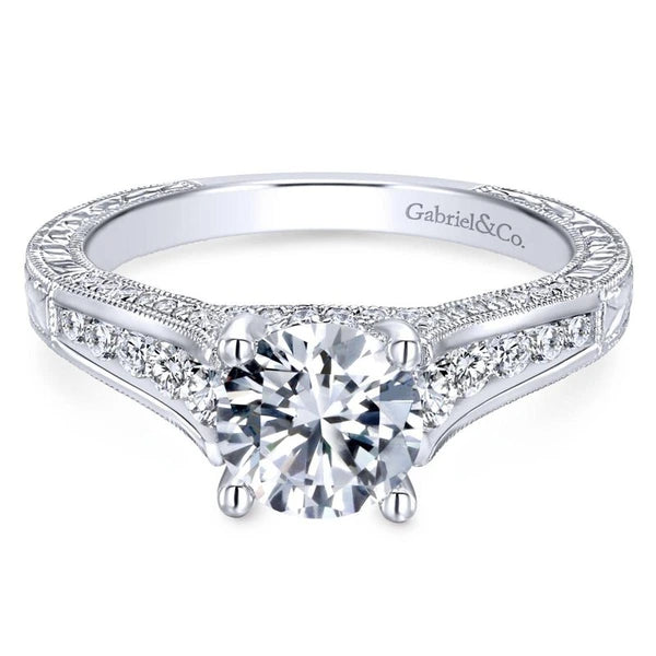 14k White Gold Diamond Straight Pave Channel and Milgrain Engagement Ring