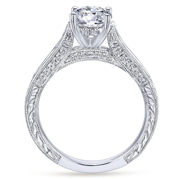 14k White Gold Diamond Straight Pave Channel and Milgrain Engagement Ring